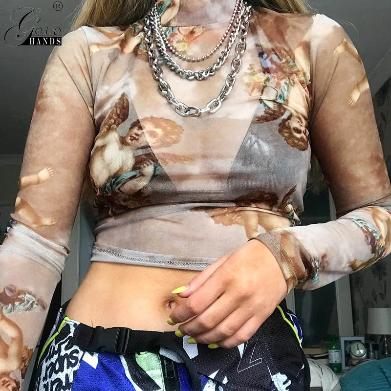 

Gold Hands Spring Women Sheer Print Mesh Tshirt Lady Long Sleeve Short Vestidos Sexy Turtleneck Transparent Skinny Vintage Tops