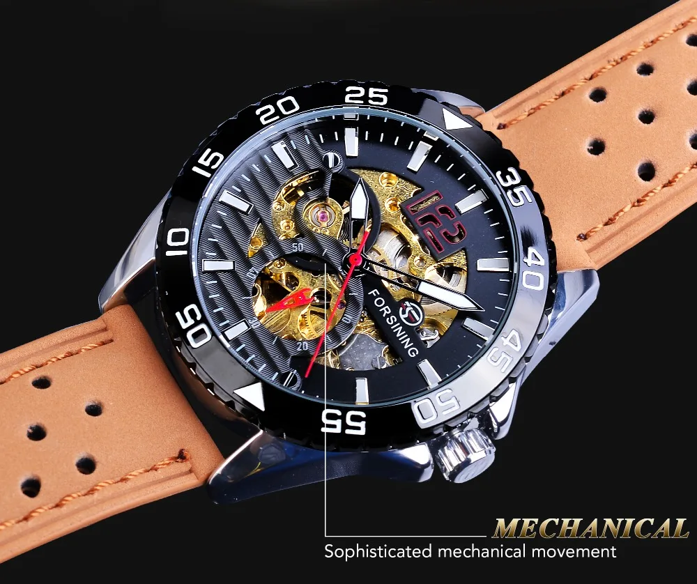 Forsining Creative Mechanical Sport Watches Men's Automatic Half Color Dial Brown Leather Band Racing Outdoor Watch Reloj Hombre_voghion.com