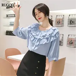 RUGOD 2019 Корея Лето для женщин с круглым вырезом Раффлед однобортный блузка элегантный офис женская шифоновая блузка