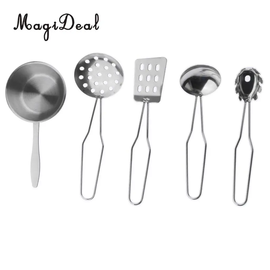 1Set Stainless Steel Kitchen Cooking Utensils Toy Dollhouse Decoration Children Kids Pretend Play Toy Sliver