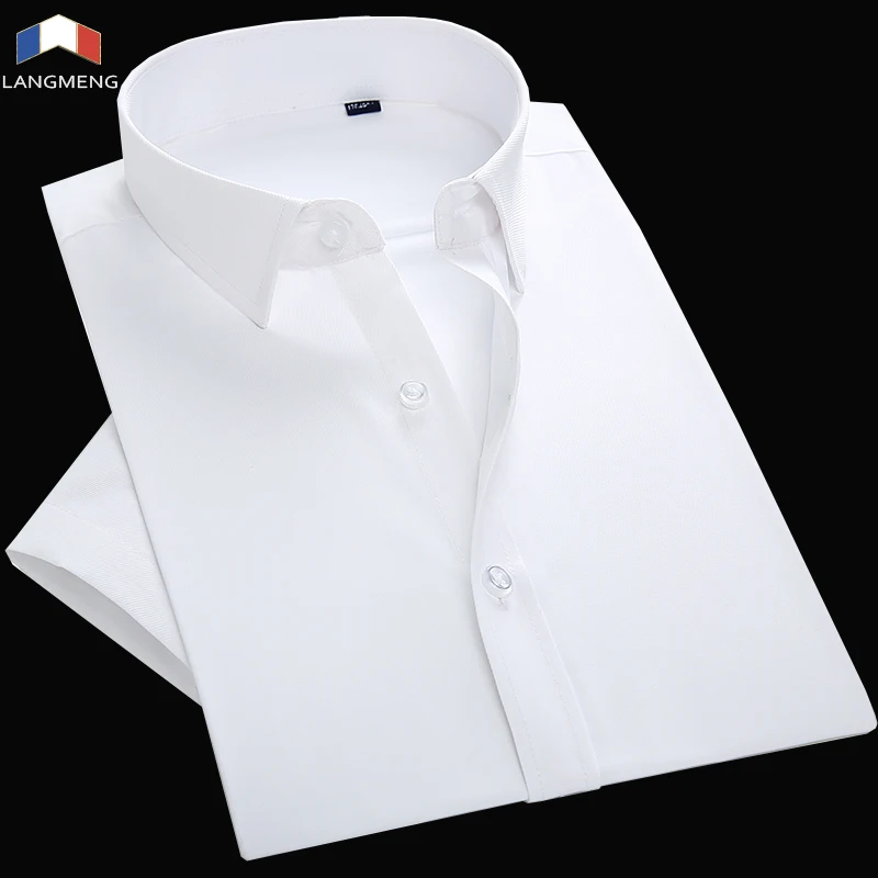 Vente Langmeng 2018 mens chemises de travail Marque à manches courtes solide couleur sergé hommes robe chemises blanc mâle chemises Formelle Hommes D affaires chemise