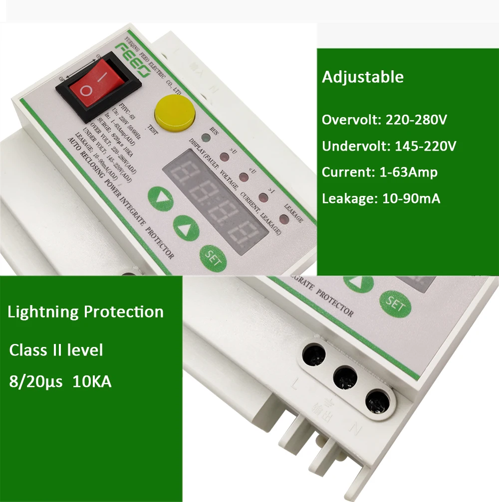 FEEO 1-63A переключатель утечки Автоматический повторный утечка протектор цифровой дисплей 145-280 в молниезащита от перенапряжения