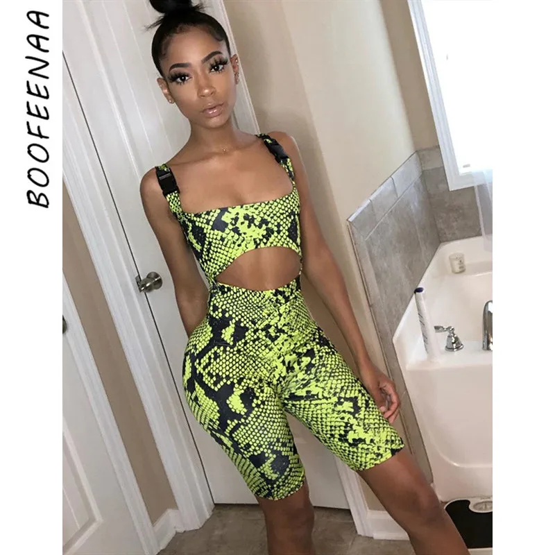 

BOOFEENAA Yellow Snake Skin Print Sexy Rompers Women Summer Outfit Buckle Cutout Bodycon Jumpsuit Biker Playsuit 2019 C83-AA38