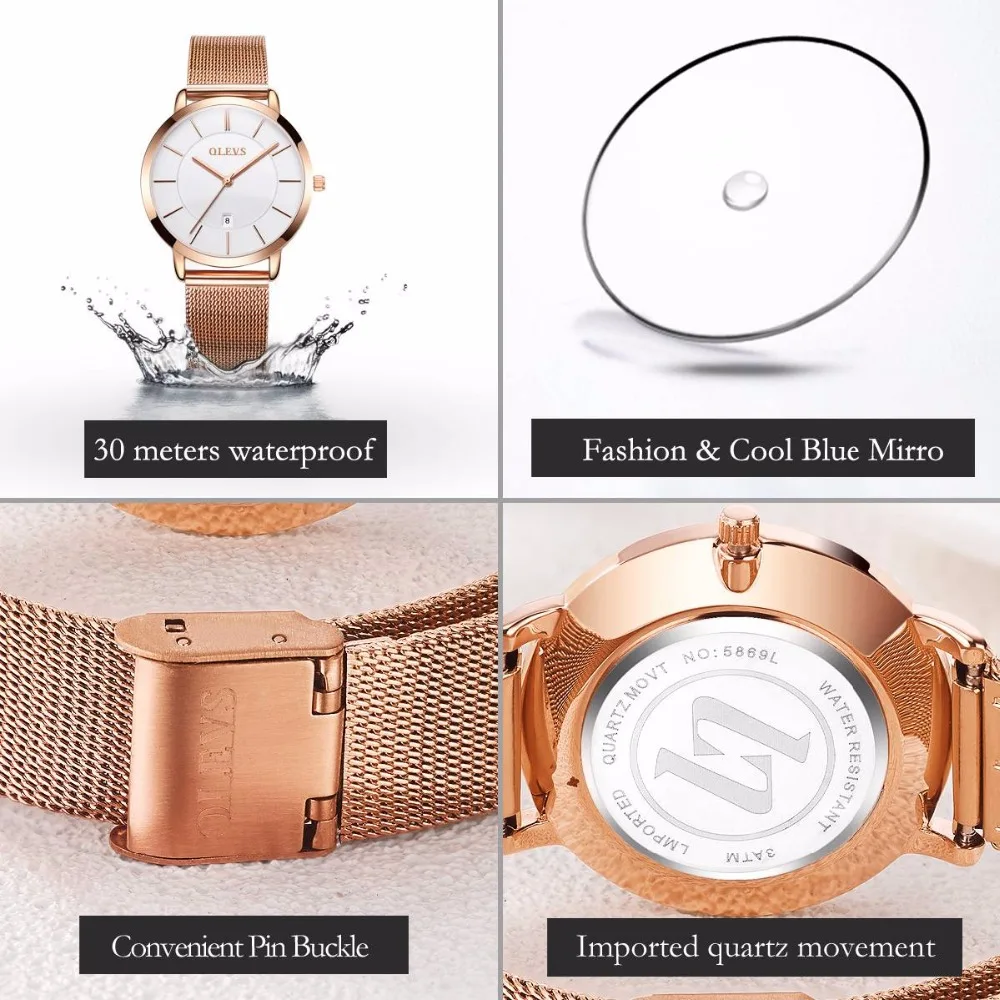 Ultra thin Ladies Watch Brand Luxury Women Watches Waterproof Rose Gold Stainless Steel Quartz Calendar Wrist Watch montre femme