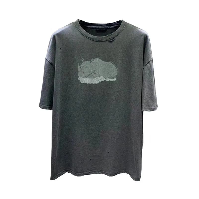 

Oversized Distressed Hole Top Tee T-shirt Men 1:1 High Quality Rhino pattern Summer Style T Shirt