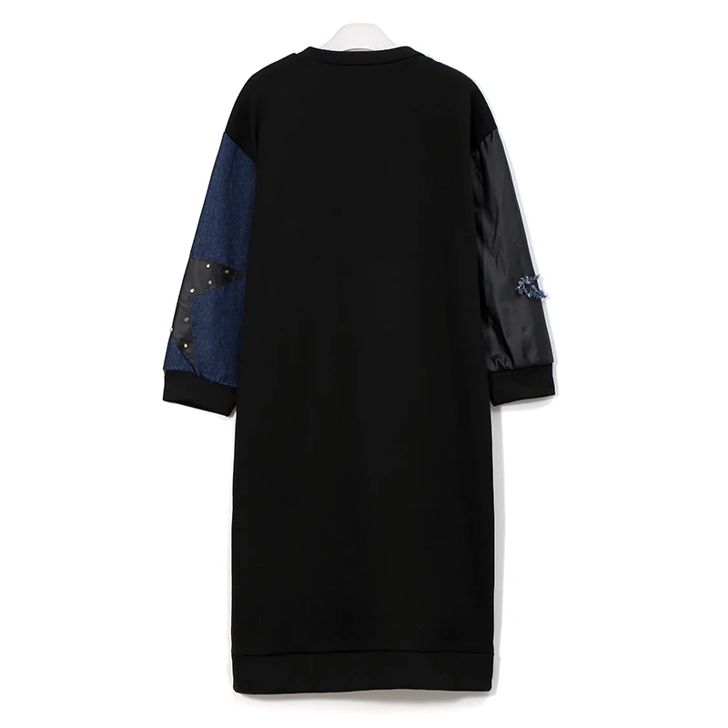 2018 Women Winter Stylish Black Midi Casual Dress Long Sleeve Denim Stars Style Plus Size Cute Wear Midi Dress Party Dress 3102