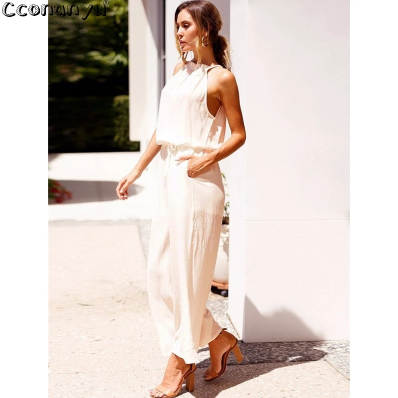 2019 Summer Sleeveless Wide Leg Solid Jumpsuit Sexy Women Halter Backless High Waist Loose Playsuit with Pockets Jumpsuits 2019 Summer Sleeveless Wide Leg Solid Jumpsuit Sexy Women Halter Backless High Waist Loose Playsuit with Pockets Jumpsuits