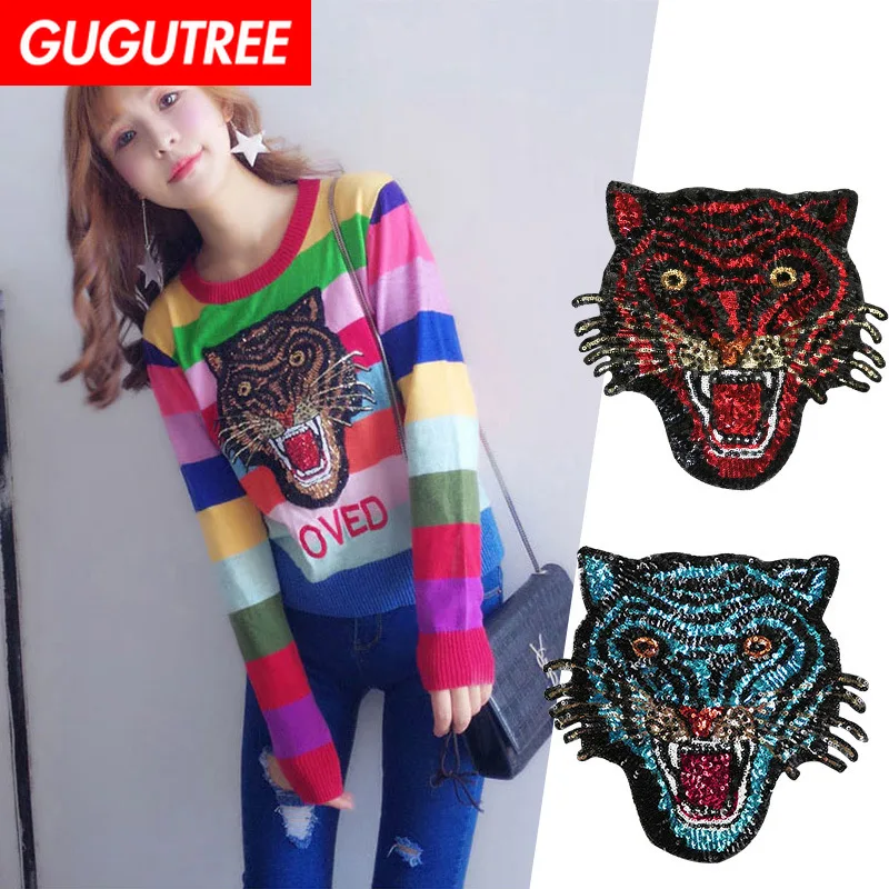 

GUGUTREE embroidery Sequins big tiger patches animal patches badges applique patches for clothing XC-277