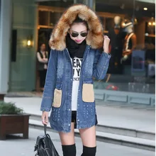 Women Hooded Denim Jackets Fashion Fur collar 2016 Casual Woman Jeans Coats Fake Lambswool Collar Winter