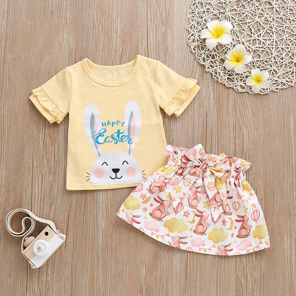 

2019 Infant Baby Girls Letter Easter Rabbit Ruffles Tops Skirt Outfits Set Cartoon Rabbit Pattern Clothes Letters 2pcs Cloth