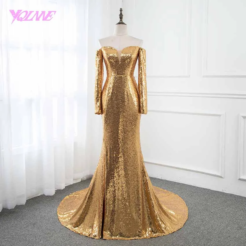

YQLNNE Gold Sequins Long Sleeve Prom Dresses Formal Evening Gown Dress 2019 YQLNNE