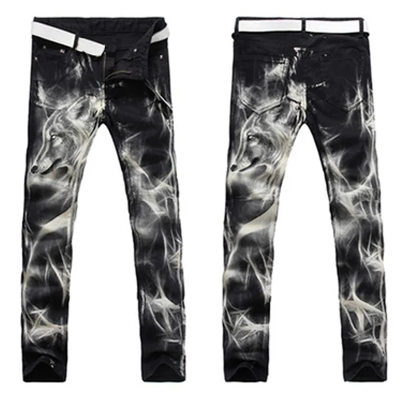 Men's Fashion Wolf Printed Denim Jeans New Spring Summer Slim Black Painted Straight Pants Cool Streetwear Male Long Trousers