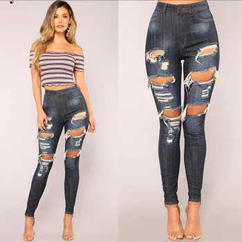 

Spring new women's feet pants hot fashion fashion hole pencil pants high waist slim trousers sexy women's jeans casual pants