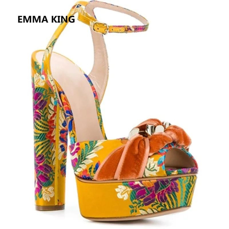 

Yellow Embroidered Women Platform Gladiator Sandals Peep Toe Ankle Strap Chunky High Heels Ladies Party Shoes Woman Roman Sandal
