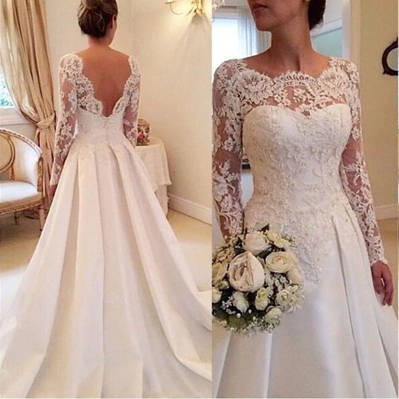 Элегантное кружевное свадебное платье Vestido De Renda с длинным рукавом, открытая спина, А-линия размера плюс, атласная юбка, свадебные платья, быстрая