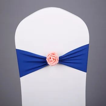

Royal Blue colour spandex sashes with rose ball artifical flower for stretch chair covers wedding lycra bow tie band wholesale