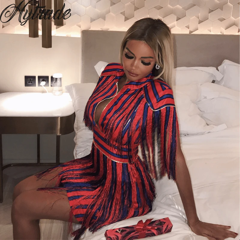 

2018 Arrival Cheap Red and Blue Striped Tassel Fringed Dress Thin Pad Shoulder Runway Party Outfits for Women vestidos de flecos