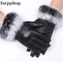 Высокое качество для женщин леди черный овчины кожаные перчатки осень зима теплый мех кролика варежки Горячие бархатные ветрозащитные