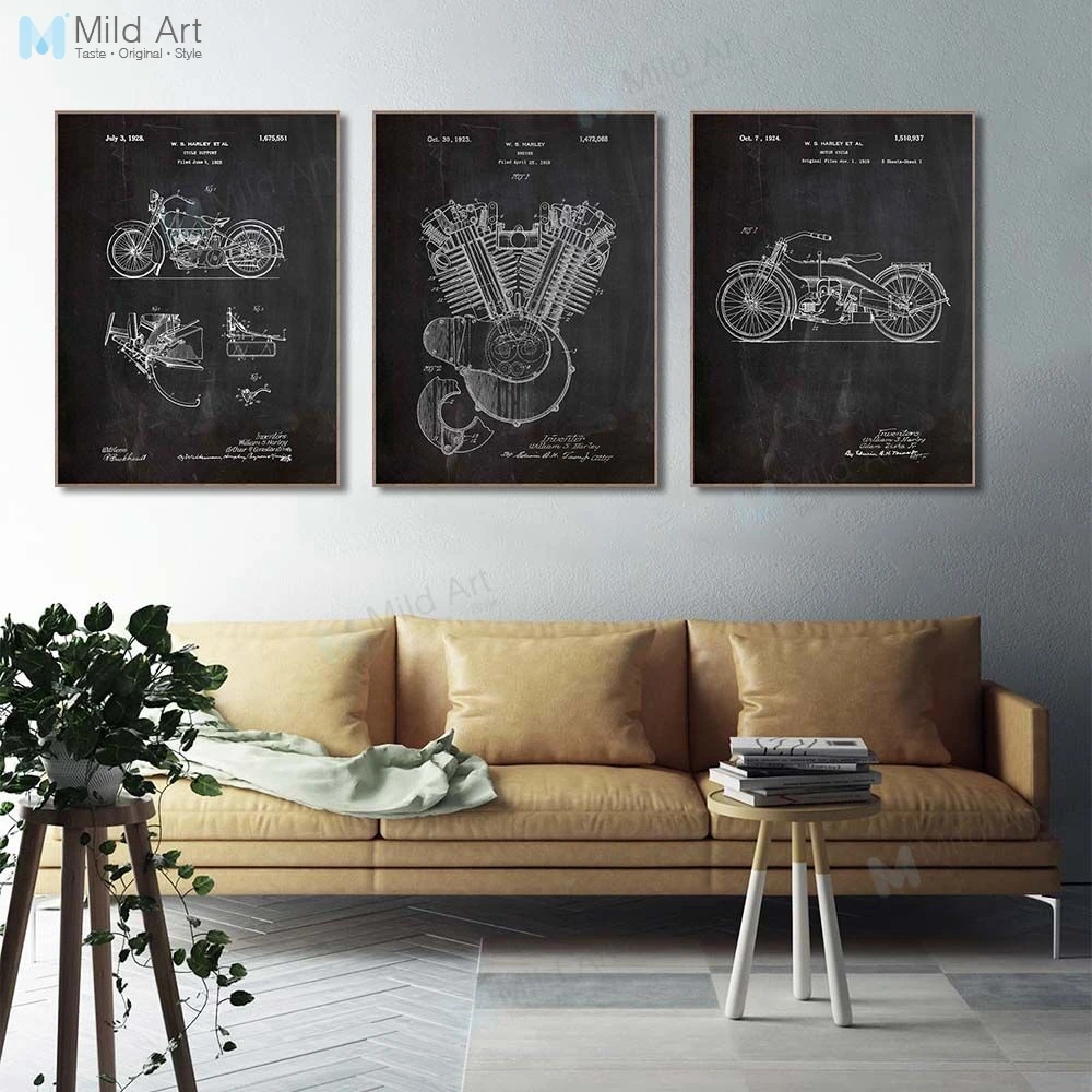 Motorcycle Engine Black and White Canvas Poster Art Print Wall Decor 