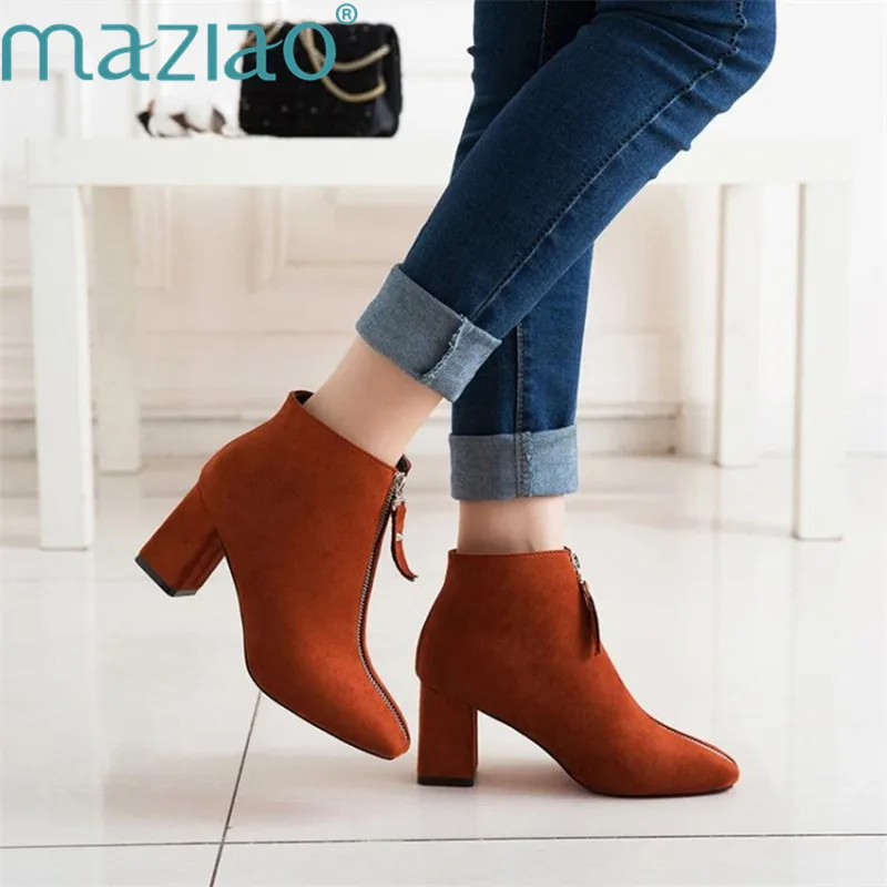 

Women Front Zipper Comfortable Square Heel Ankle Boots Fashion Sharp Toe Keep Warm Winter Shoes Botas Feminina MAZIAO