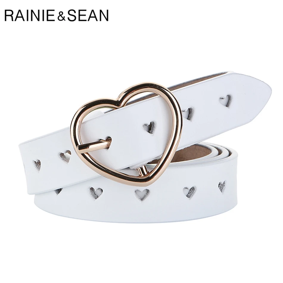 

RAINIE SEAN Heart Belt Women White Pin Buckle Belt Genuine Leather Fashion Dedigner Brand Real Cow Leather Ledies Trouser Belt