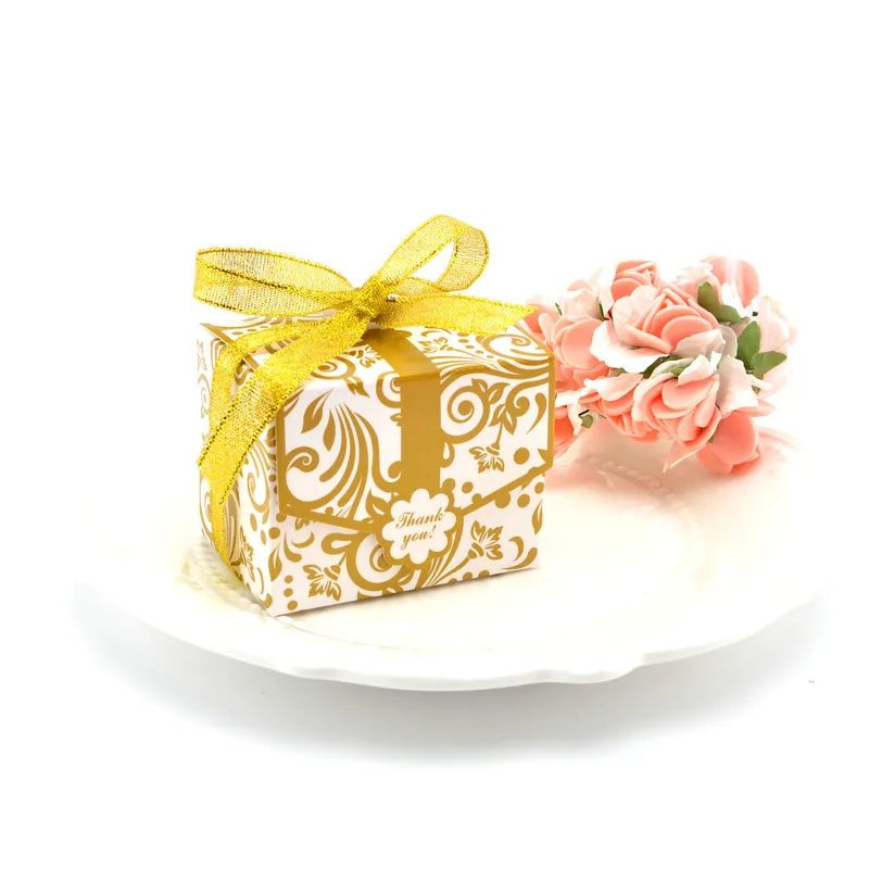 Свадебная коробка для конфет, креативная Золотая/Серебряная коробка, популярная Свадебная подарочная коробка, бумажные коробки для сладостей с лентой