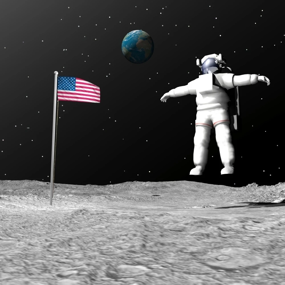 First astronaut on the moon floating next to American flag Poster Print (14 x 14)