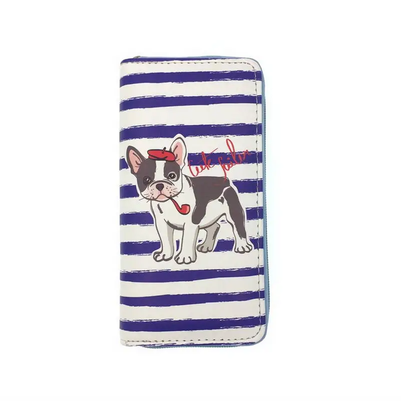 KANDRA Lovely Women Dog Clutch Wallets Stripe PU Leather Phone Pocket Card Holder Long Wallet Girls Zipper Coin Purse Wholesale