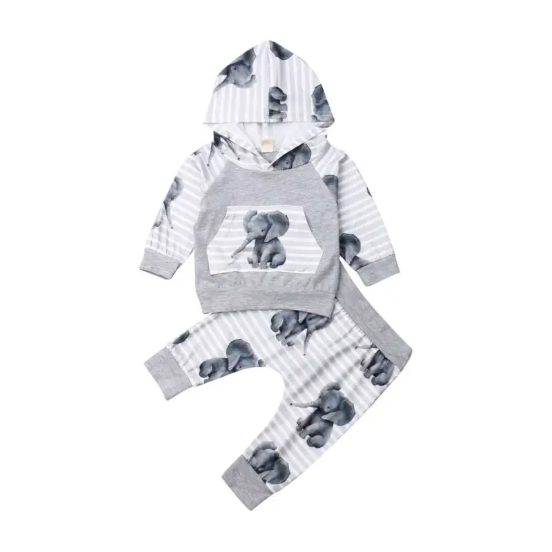 

0-24M Newborn Baby Boy Elephant Animal Hooded Tops Long Pants Outfits Clothes Set