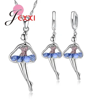 

Beautiful Ballet Dancing Girl With Colorful Cubic Zircon Dress 925 Sterling Silver Fashion Jewelry Set Necklace Earrings