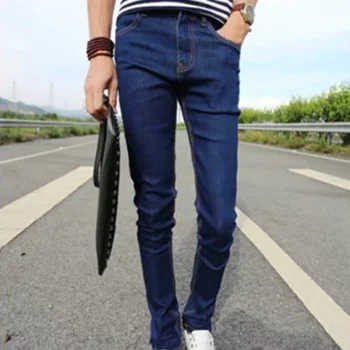 

Hot Men Autumn Jeans Zipper Pockets Skinny Middle Waist Pencil Pants Casual Male Trousers SMA66