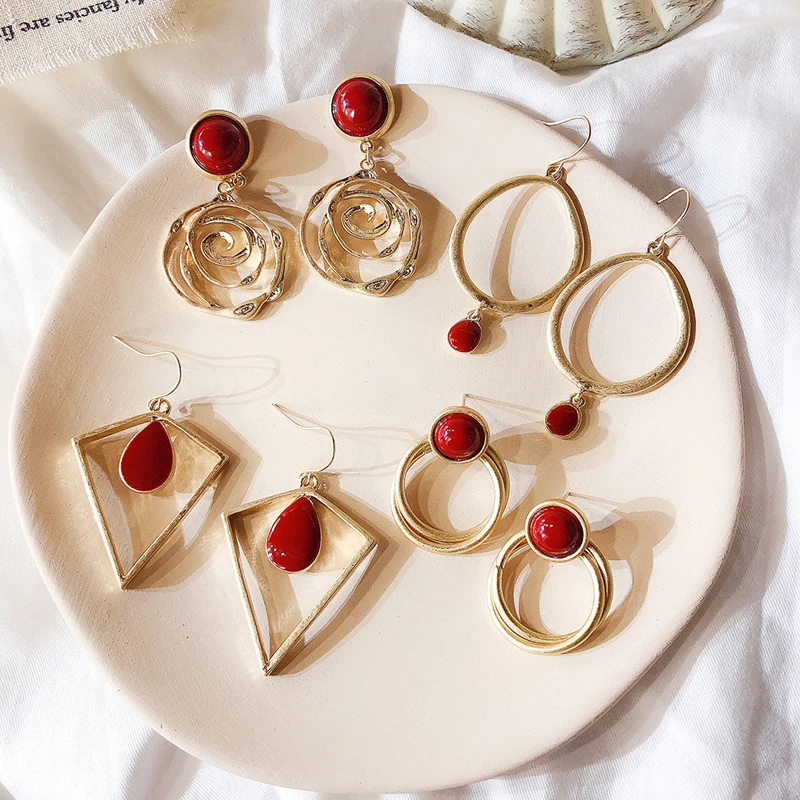 

S925 Silver Needle New Year Red Temperament Earrings Geometric Water Drop Circle Retro Earrings for Women Fashion Jewelry Gifts