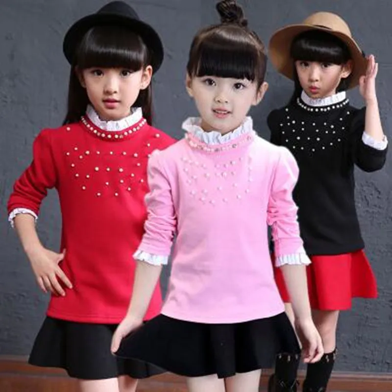 

2016 Autumn Winter White Lace Flower Bow Long Sleeve Girls Tops And Blouses School Girl Blouse Shirt For Kids Baby Shirts JW0474