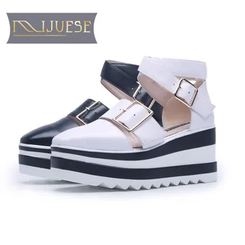 

MLJUESE 2018 women sandals cow leather black color ankle strap Gladiator wedges sandals platform beaches sandals size 39