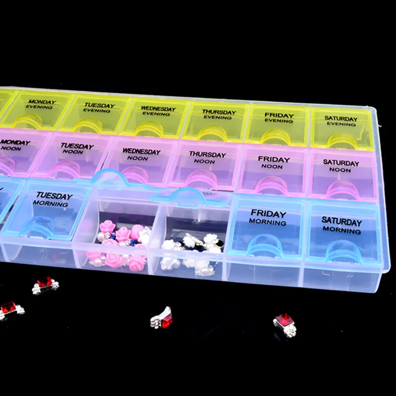 

Weekly 7 Days 21 Compartment Lid Tablet Pill Cases Box Holder Medicine Storage Organizer Container Transparent Rhinestones Case