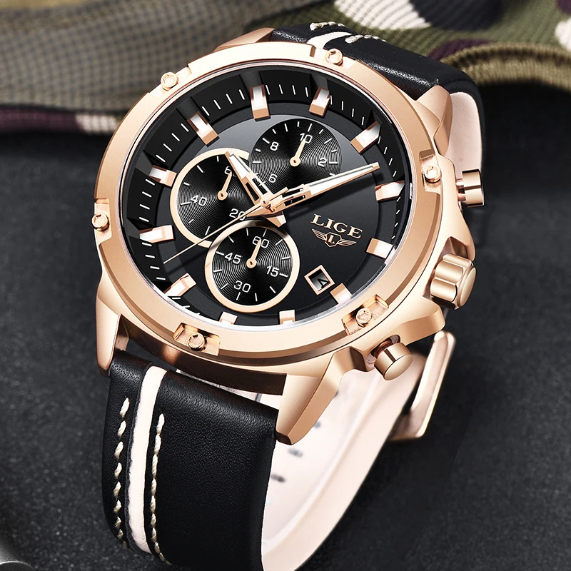 

Relogio NEw Mens Watches LIGE Top Brand Luxury Casual Leather Sports Wristwatch Men Gold Waterproof Large Dial Watch For Men+Box