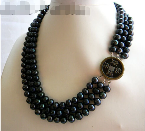 

Free shipping >>>>>3Strands 18'' 9MM Black Round Freshwater Pearl Necklace