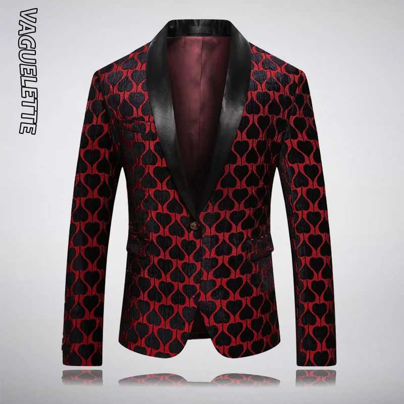 VAGUELETTE Spades Pattern Blazer Men Red&Black Men's Fashion Blazer Shawl Collar Tuxedos Slim Fit Blazer Estampada Hombre M-5XL