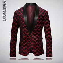 VAGUELETTE Spades Pattern Blazer Men Red&Black Men's Fashion Blazer Shawl Collar Tuxedos Slim Fit Blazer Estampada Hombre M-5XL