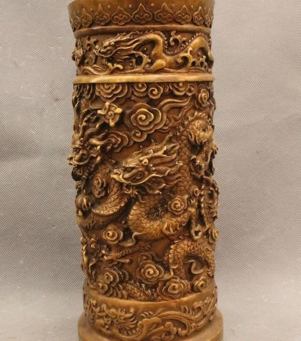 

11" Chinese Dynasty Bronze Successful Nine Dragon Play Bead Brush Pot pencil vas