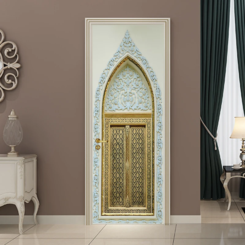 Наклейки на дверь, домашний декор, золотой мусульманский Арабский стиль, дверной рисунок, фреска, обои, наклейки, украшение для дома Oct16008