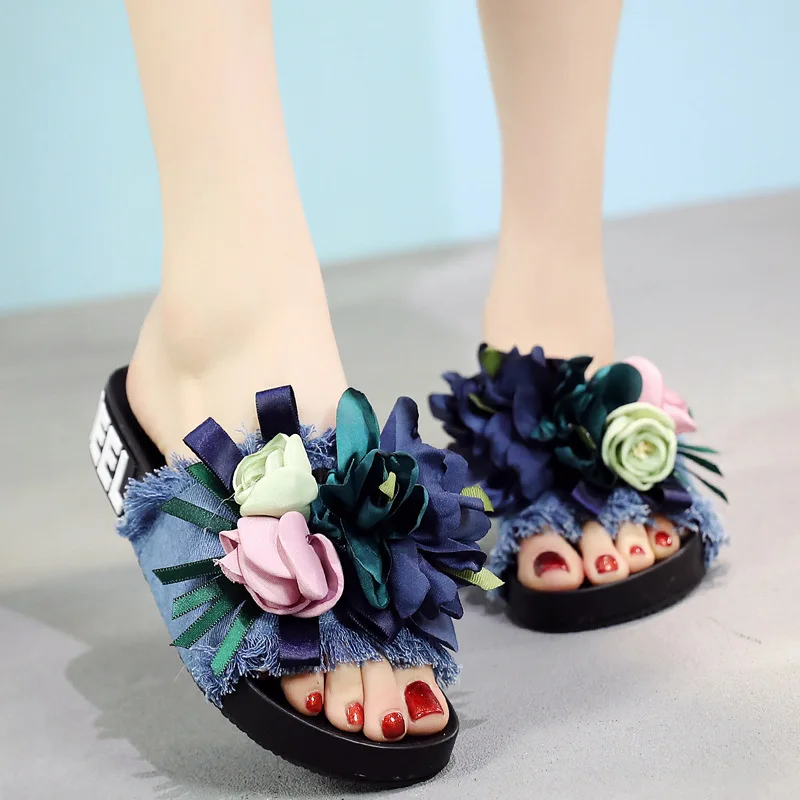 Ribbon Flowers Denim Slippers Women Summer Flats Cozy Shoes 5 Colors ...