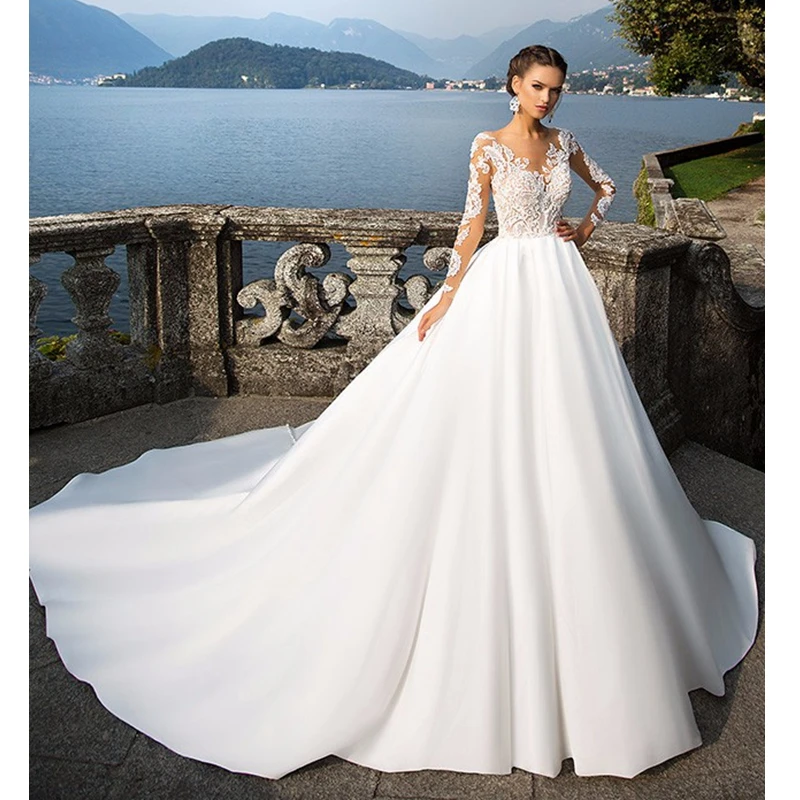 Gelinlik Vestido De Noiva Long Sleeve Lace Wedding Dress Cathedral