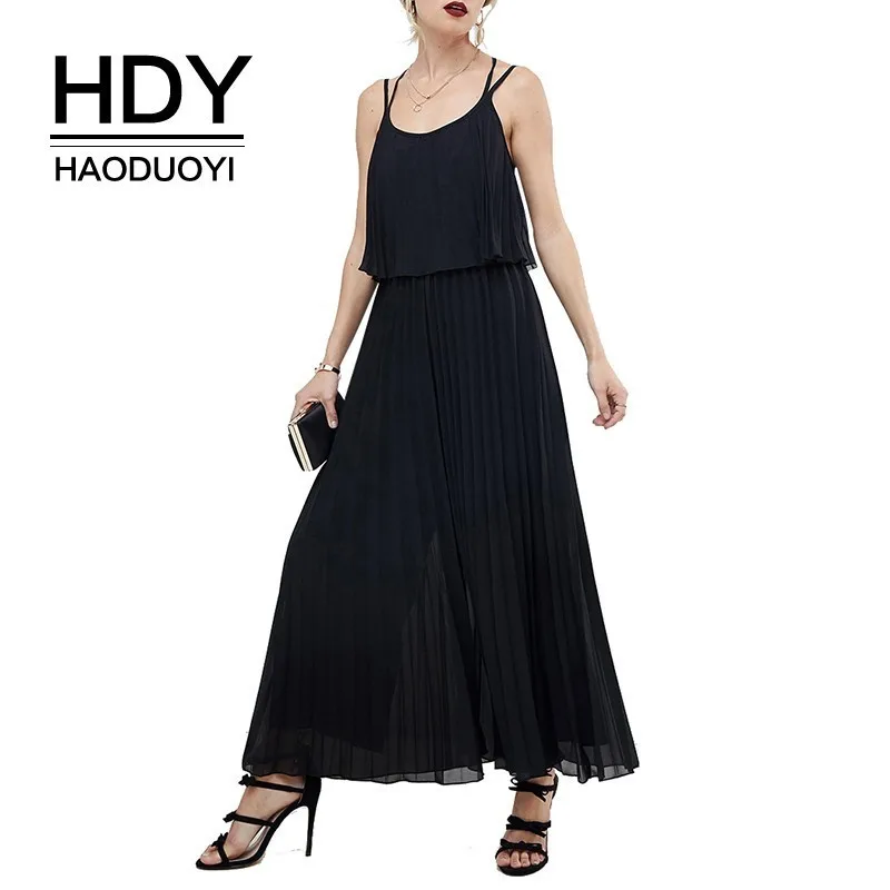 HDY Haoduoyi Femme, Летние Стильные сексуальные брюки, открытая спина, перекрестный ремешок, круглый вырез, сплошной цвет, для путешествий, плиссированный черный комбинезон