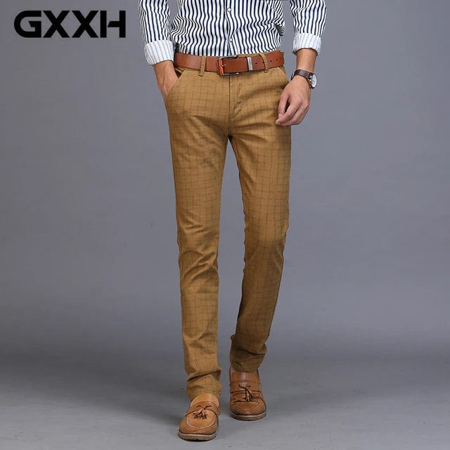 Men's Business Casual Pants Trend Designer Cotton Slim Fit PlaId Pants