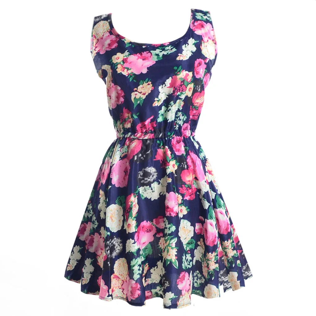 Женское шифоновое платье без рукавов с цветочным принтом и эластичной талией - Цвет: 2