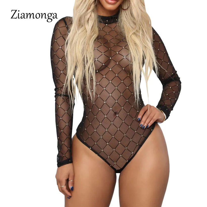 Ziamonga Облегающий комбинезон сексуальное тело Feminino Black Mesh Украшенные - Цвет: Black