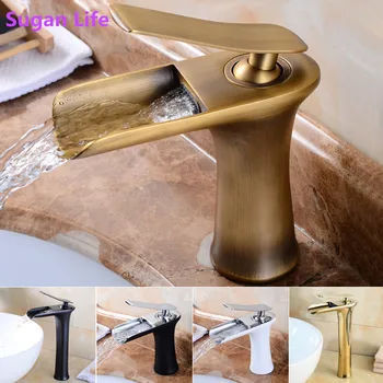 

Sugan Life Bathroom Basin Faucet Antique Brass Waterfall Sink Mixer Tap Hot and Cold Basin Faucet Retro Bathroom Crane