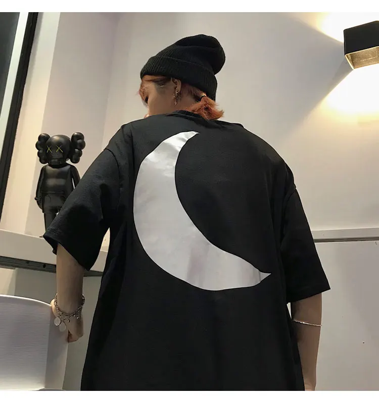 Harajuku уличный стиль негабаритных Светоотражающая Футболка мужская Большая Луна уличная хлопковая рубашка Мужская Унисекс шикарная Ulzzang Kpop хип-хоп