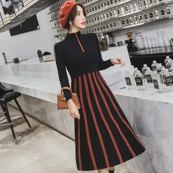 

High quality 2019 Autumn Winter Women Long Sleeve Turtleneck Ladies patchwork stripe Knit Sweater Dress Midi Robe Vestidos Ver